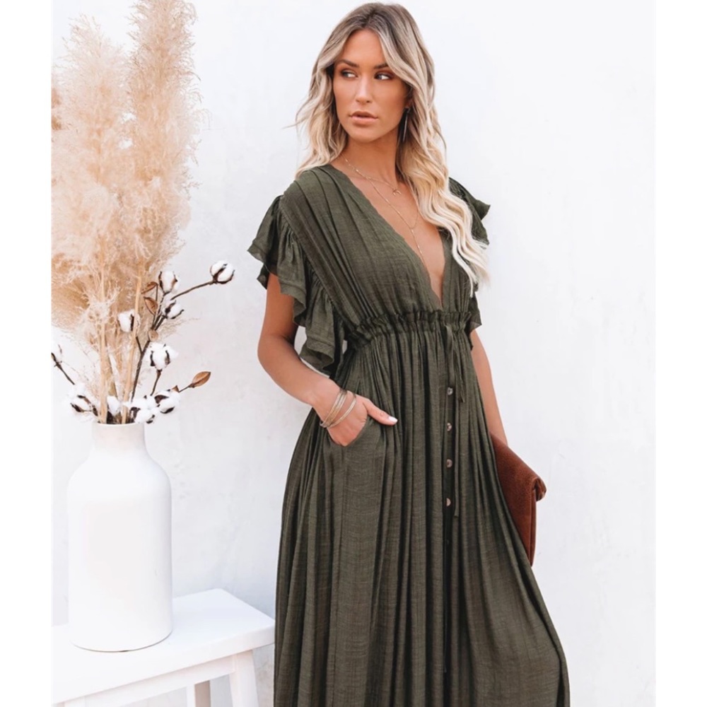 Olive Green Gauze Boho Button Maxi Coverup Dress - Picture 2 of 5